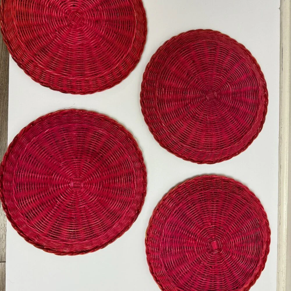 4 Vintage Red / Pink Wicker Rattan Woven Natural Plate Basket Boho Wall Decor